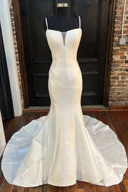 Elegant White Split Neck Trumpet Long Wedding Dress