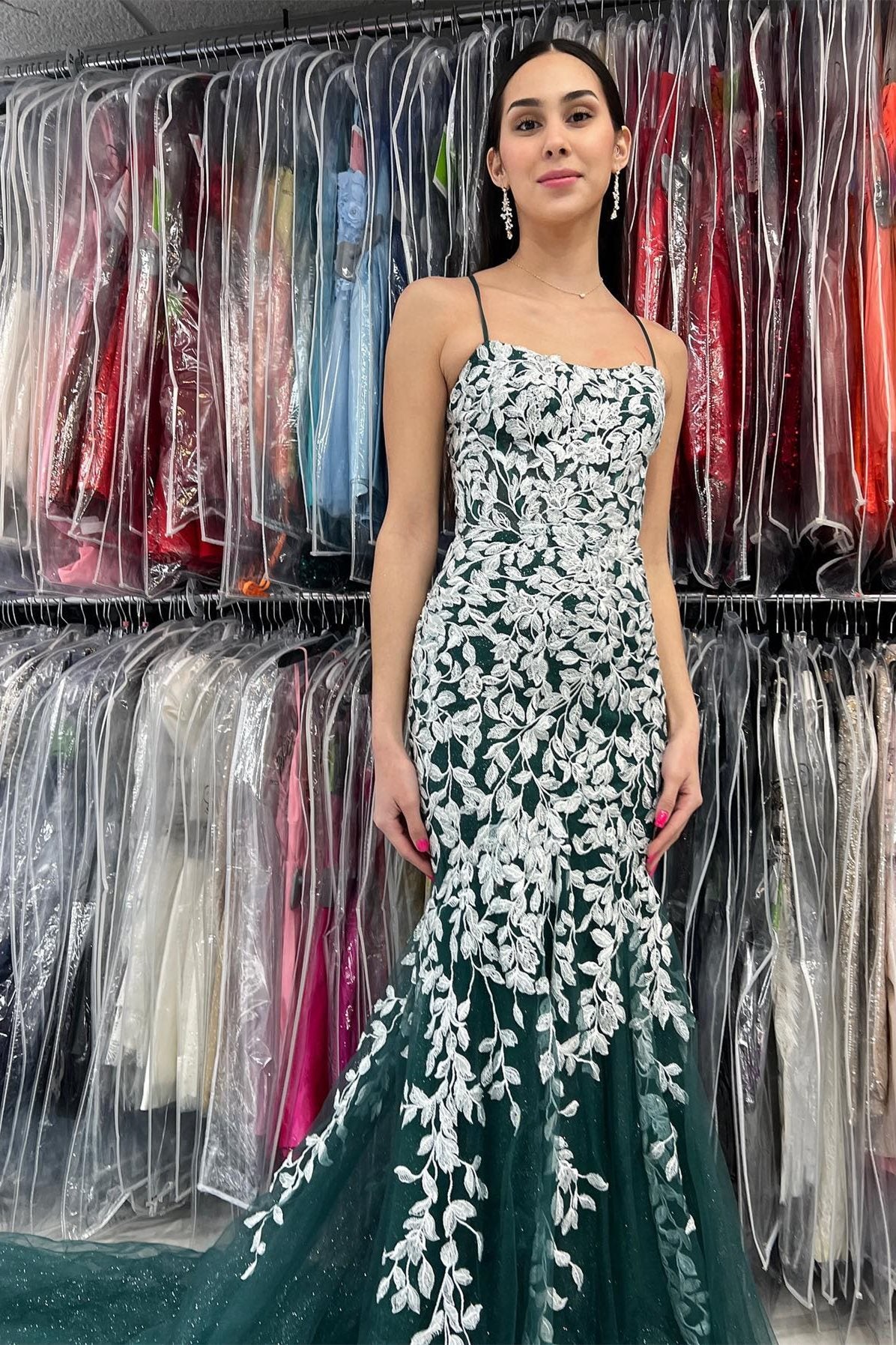 Hunter Green Straps Trumpet Long Formal Dress with White Appliques – Modsele