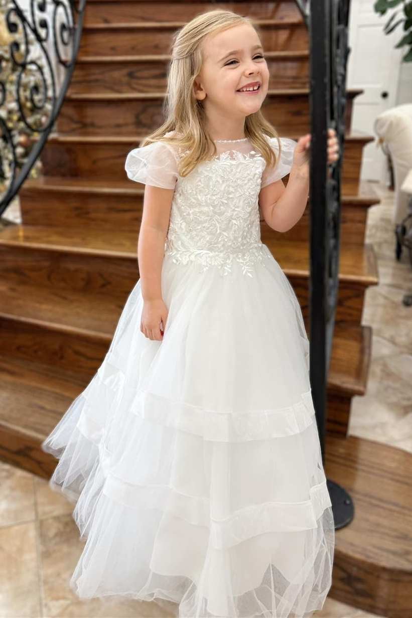 White Round Neck Puff Sleeve A-Line Flower Girl Dress Modsele White Round Neck Puff Sleeve A-Line Flower Girl Dress Modsele