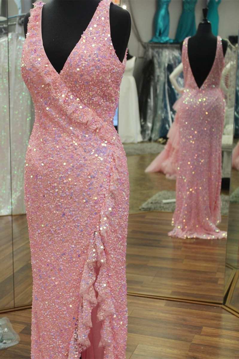 Pink Iridescent Sequin V-Neck Backless Long Prom Dress with Ruffles