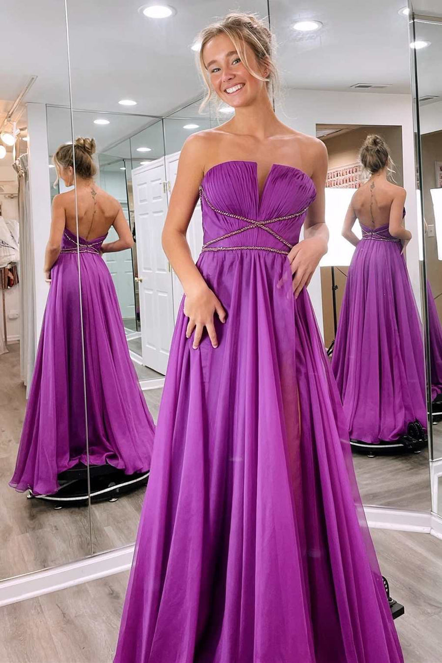 Purple Strapless Open Back A-Line Prom Dress