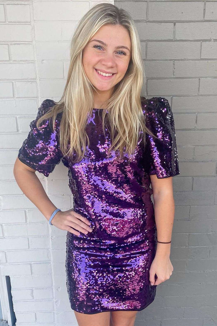 Purple Sequin Short Sleeve Party Dress