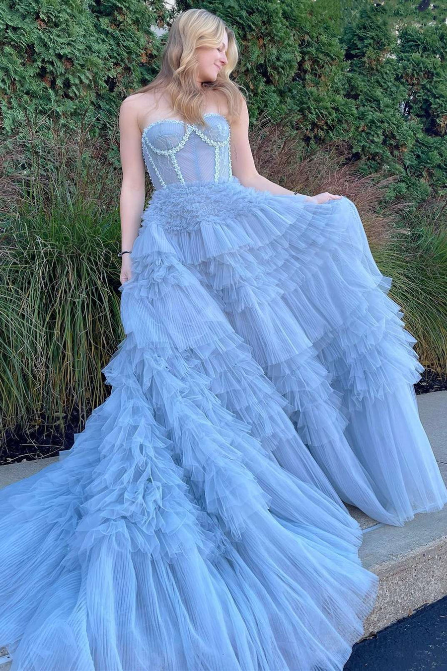 Princess Periwinkle Strapless Tiered Prom Gown