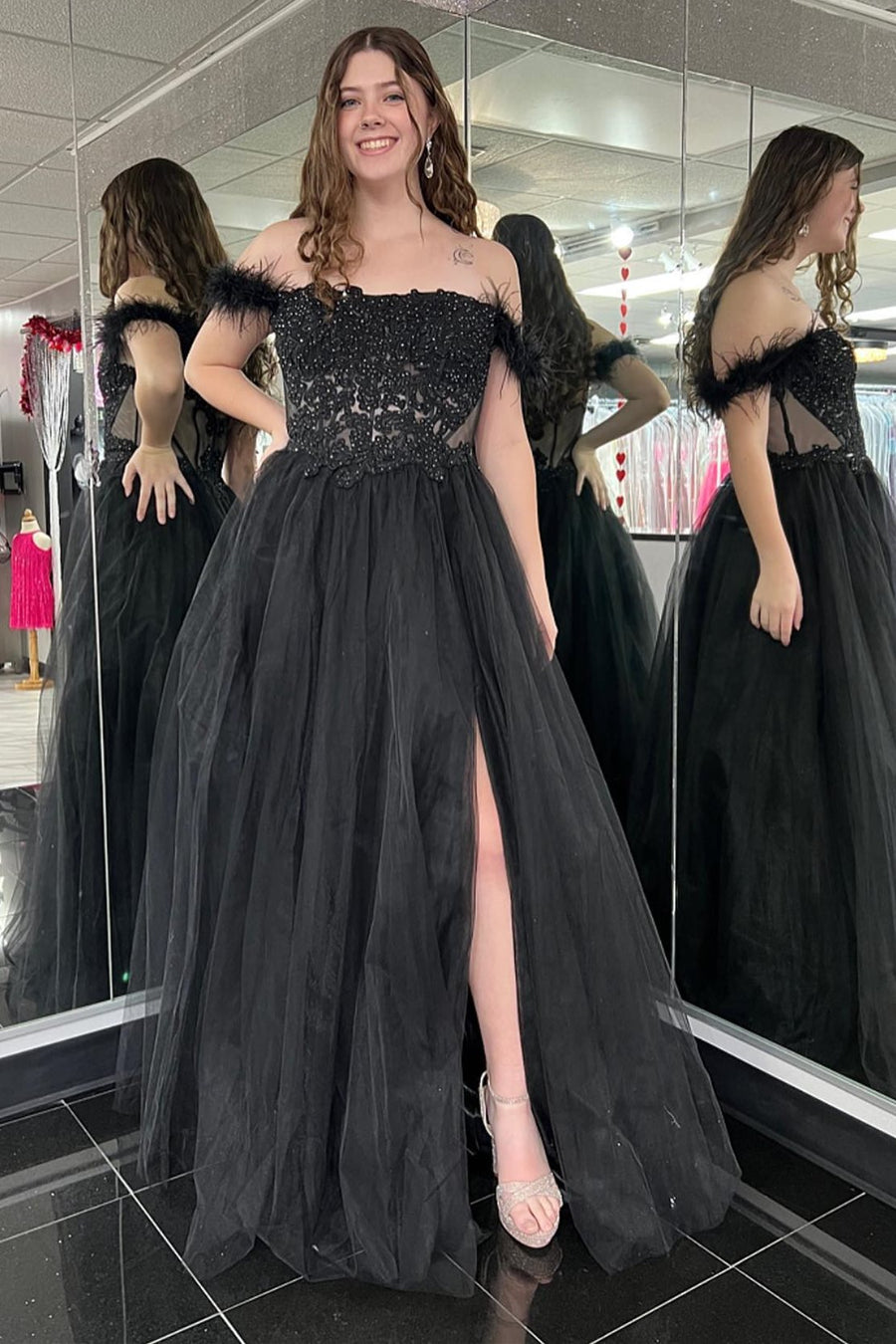 Black Lace Feather Off-the-Shoulder A-Line Prom Dress with Slit