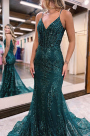 Glitter Magenta Appliques V-Neck Mermaid Long Prom Dress