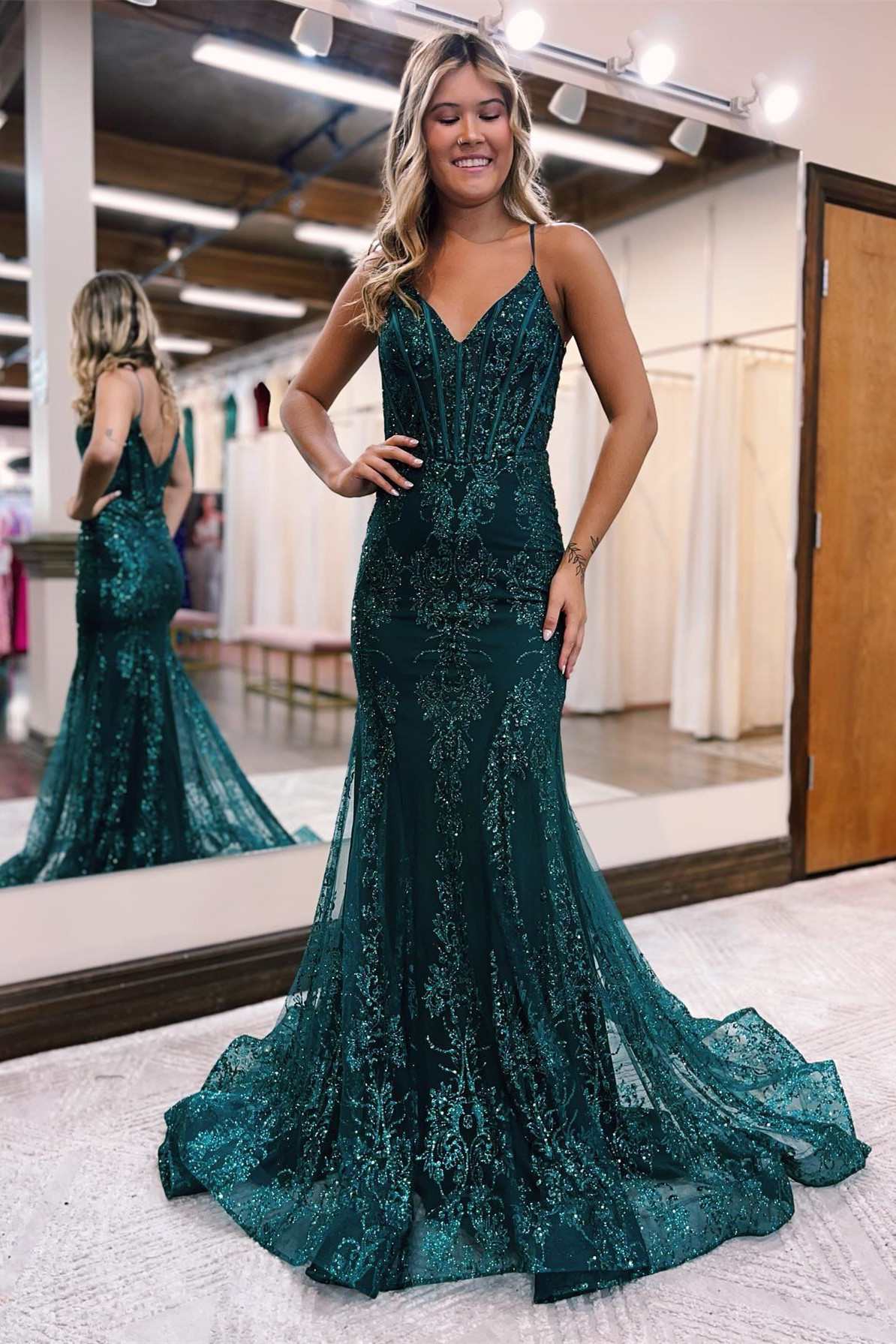 green emerald velvet dress Glitter Sexy Fitted Long Evening Dresses Dark Green Off the Shoulder F –  Siaoryne main image 1