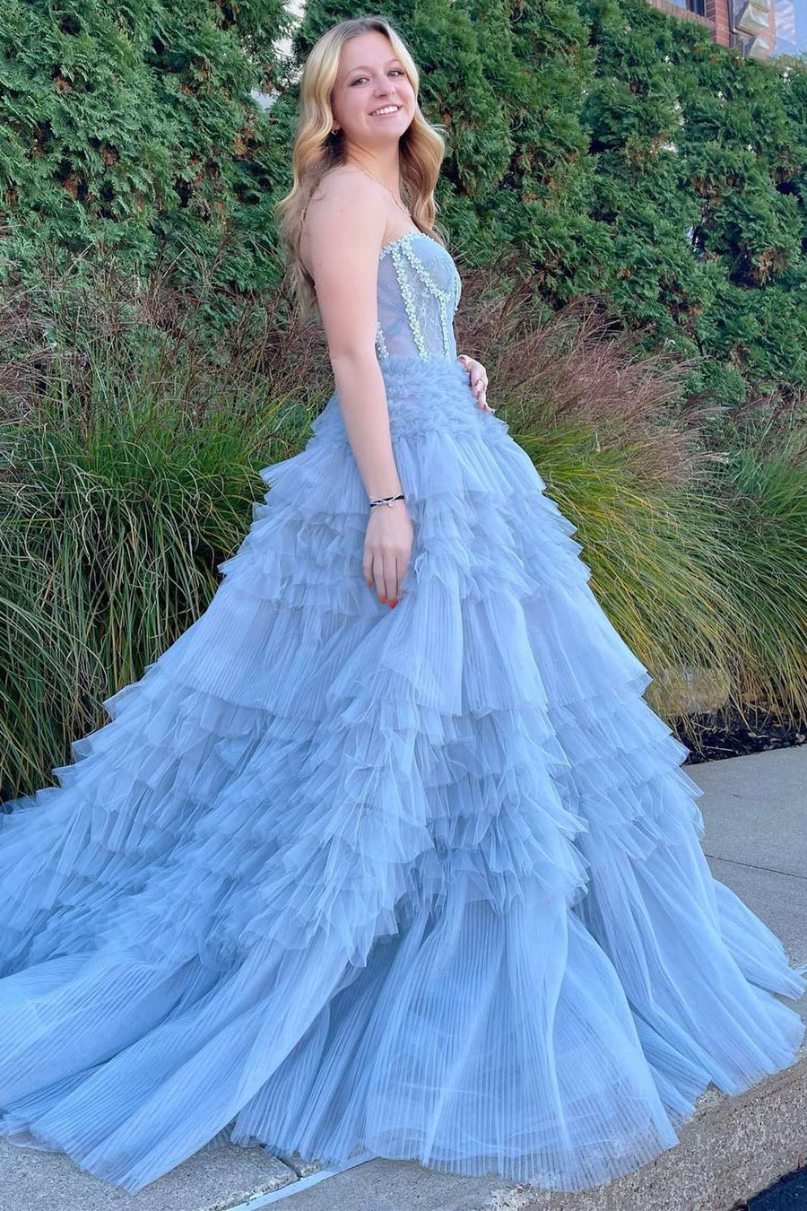 periwinkle strapless prom dress Lace-Up Long Periwinkle Prom Dress with Beaded Bodice Blush / 00