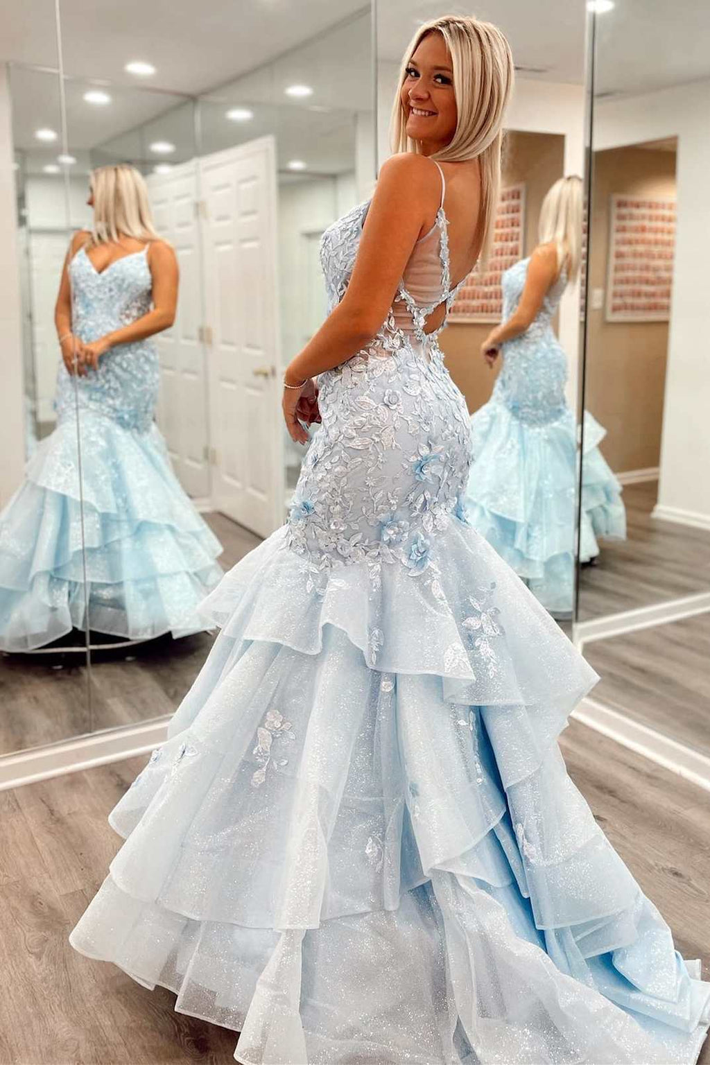 Light Blue 3D Floral Lace Tiered Trumpet Long Prom Dress – Modsele