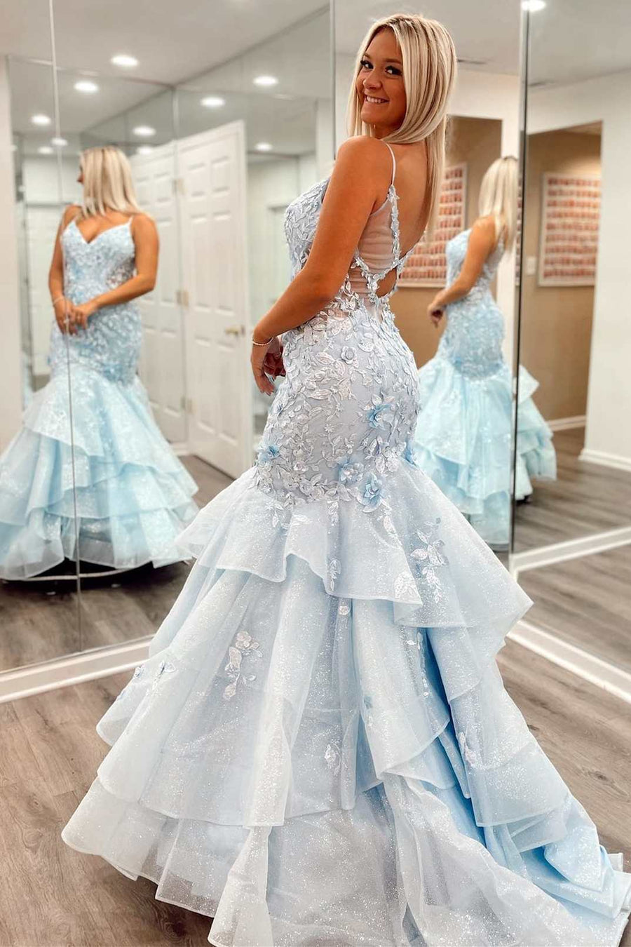Light Blue 3D Floral Lace Tiered Trumpet Long Prom Dress