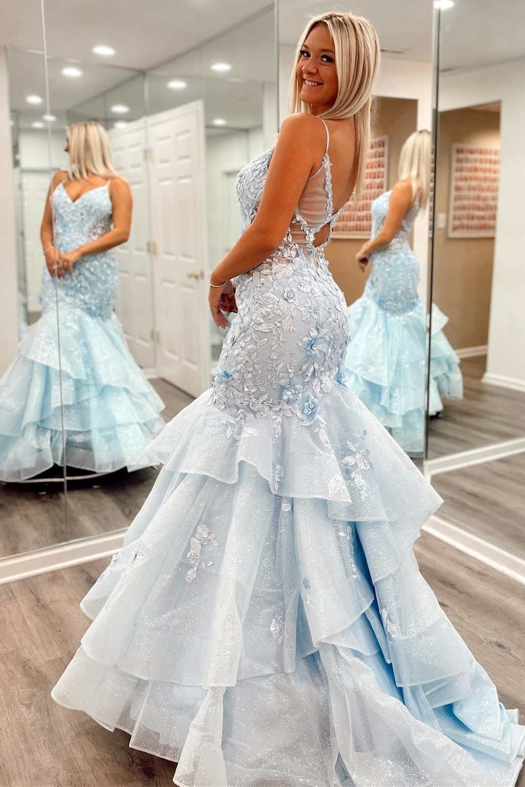 Light Blue 3D Floral Lace Tiered Trumpet Long Prom Dress Modsele Light Blue 3D Floral Lace Tiered Trumpet Long Prom Dress Modsele