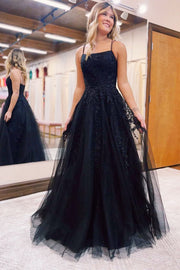 Black Applique Lace-Up Back A-Line Prom Dress