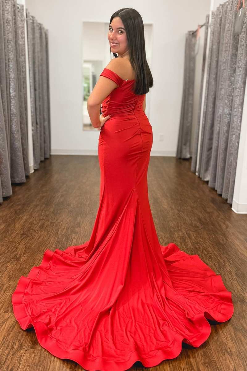 Red Satin Off-the-Shoulder Mermaid Maxi Dress