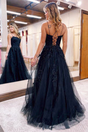 Black Applique Lace-Up Back A-Line Prom Dress