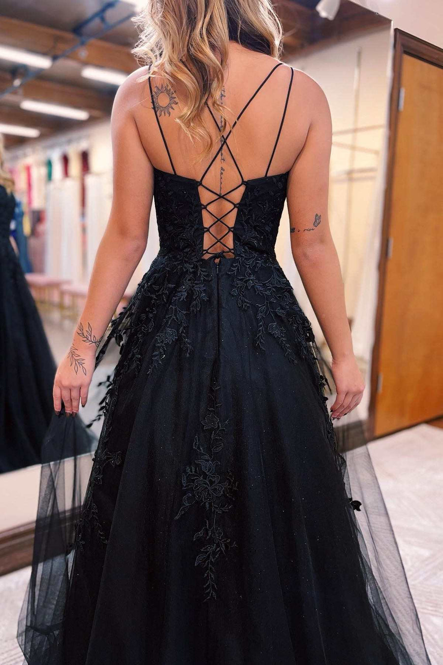 Black Applique Lace-Up Back A-Line Prom Dress Modsele Black Applique Lace-Up Back A-Line Prom Dress Modsele