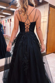 Black Applique Lace-Up Back A-Line Prom Dress