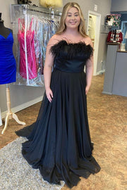 Black Feather Strapless A-Line Prom Dress
