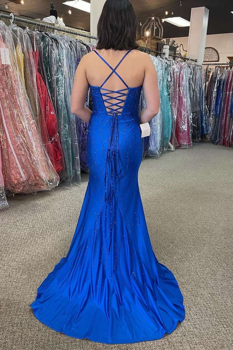 Trumpet Royal Blue Beaded Lace-Up Back Long Formal Dress