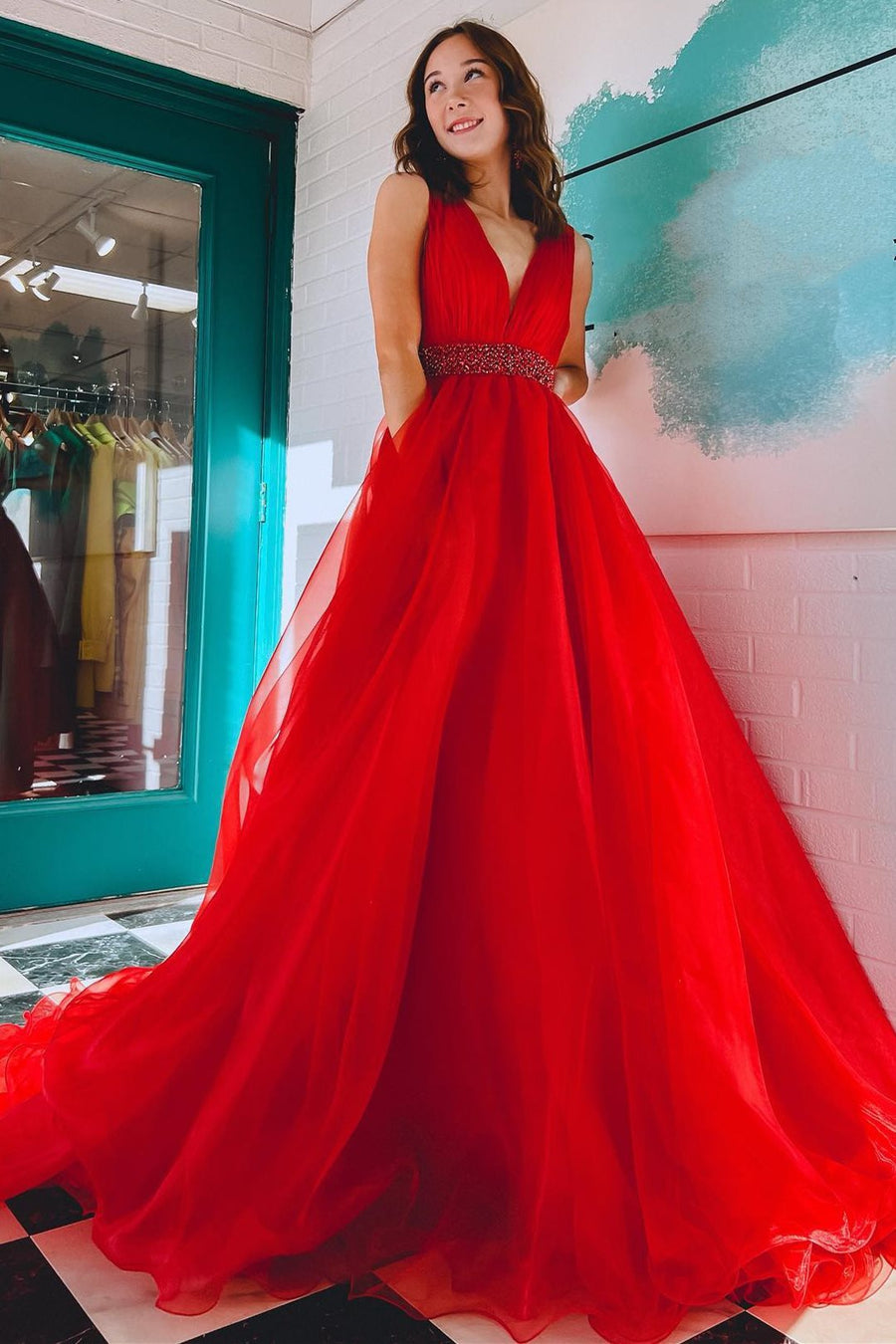 Red Organza Plunge V A-Line Long Formal Dress with Beaded Sash