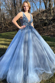 Navy Blue Tulle V-Neck Long Prom Dress with 3D Floral Lace