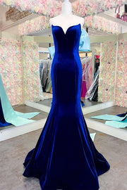 Blue Velvet Strapless Bow-Back Mermaid Long Prom Dress