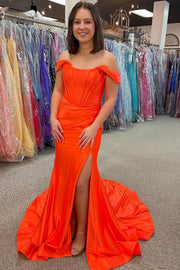 Orange Off-the-Shoulder Pleated Mermaid Long Formal Dress
