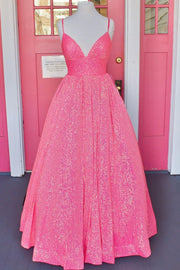 Pink Sequin Empire Long Prom Dress