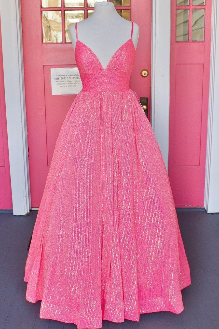 Pink Sequin Empire Long Prom Dress