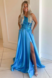 Blue Cut Glass Mirror One-Shoulder A-line Long Prom Dress
