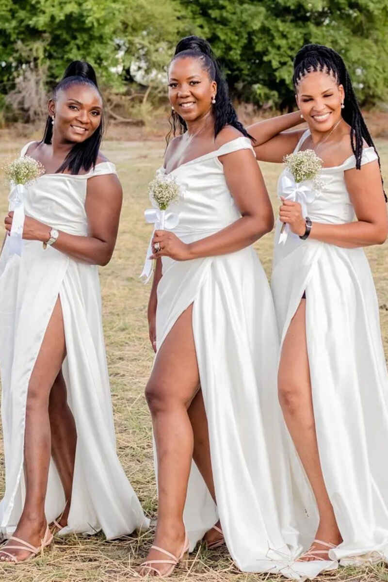 Ivory Satin Off-the-Shoulder Long Bridesmaid Dress with Slit Modsele Ivory Satin Off-the-Shoulder Long Bridesmaid Dress with Slit Modsele