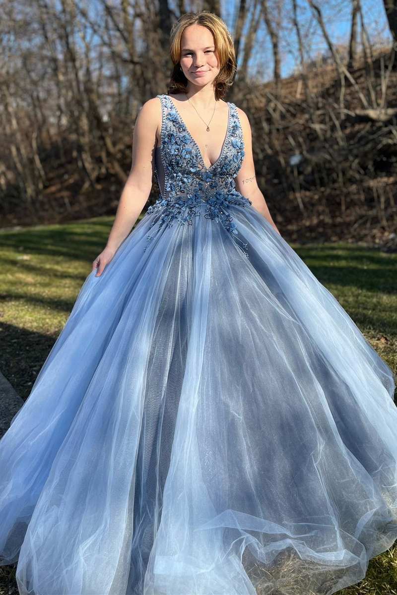 Navy Blue Tulle V-Neck Long Prom Dress with 3D Floral Lace