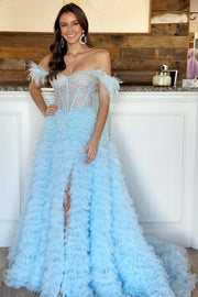 Hot Pink Beaded Feather Off-the-Shoulder Tiered Long Prom Dress with Ruffles