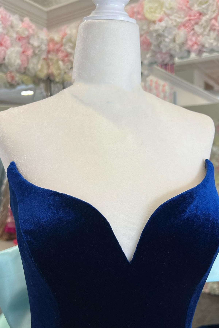 Blue Velvet Strapless Bow-Back Mermaid Long Prom Dress