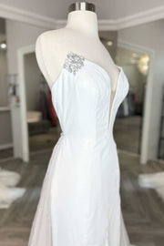 White Strapless Beaded A-Line Pageant Dress with Attached Train