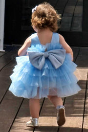 Multi-Tiered Blue Sleeveless Bow Back Flower Girl Dress