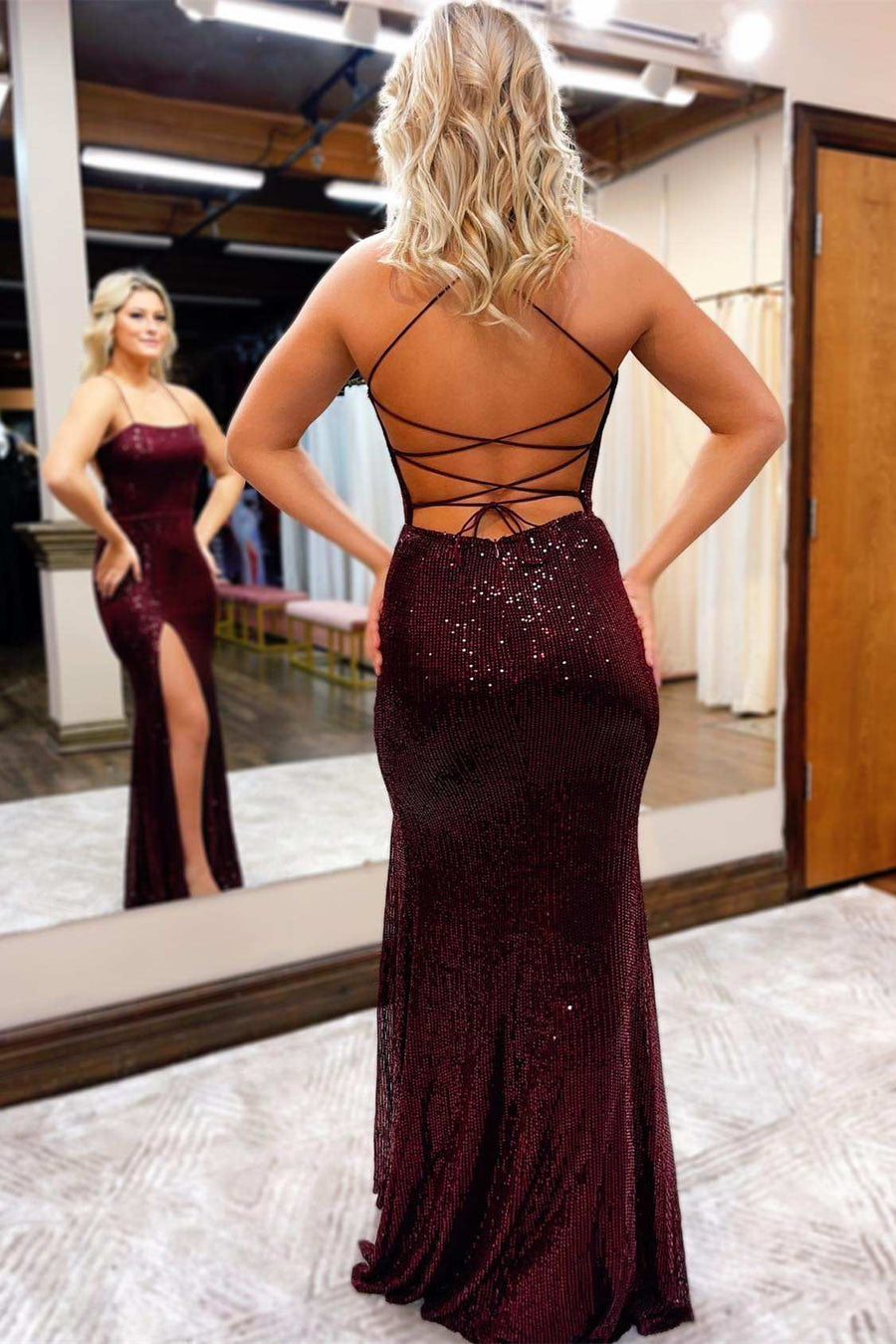 Burgundy Sequin Lace-Up Back Long Prom Dress with Slit