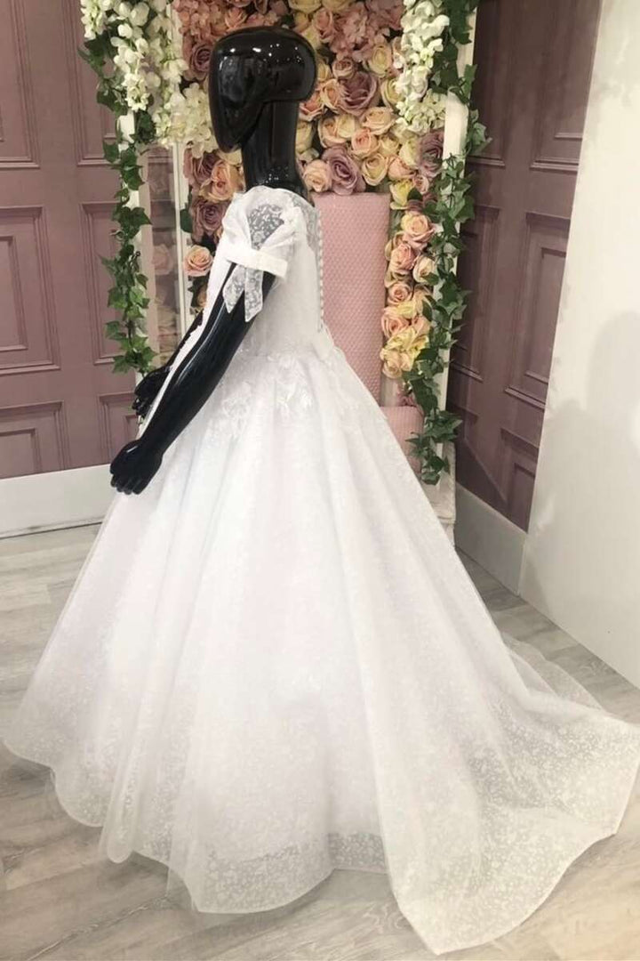 Cute White Puff Sleeve Appliqués Bow A-Line Flower Girl Dress