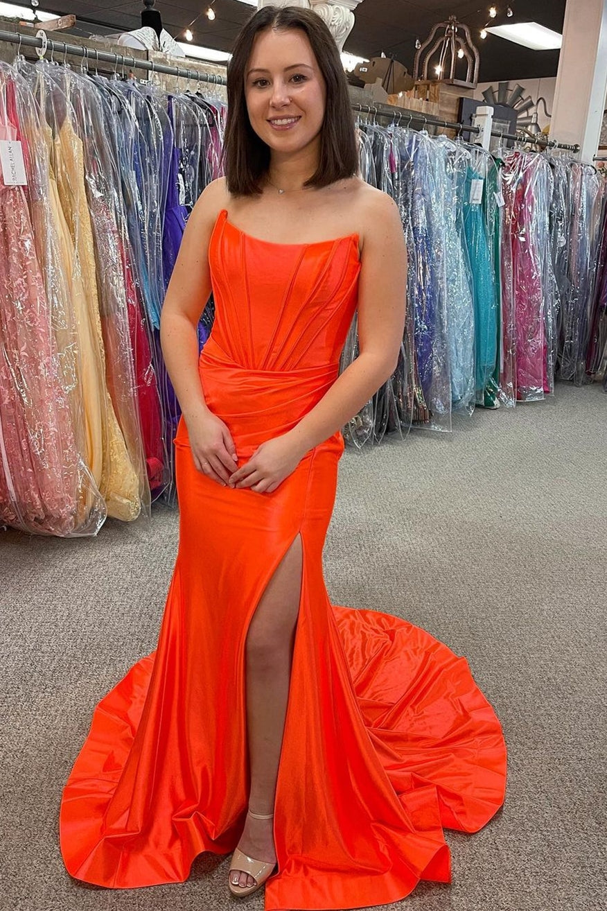 Orange Off-the-Shoulder Pleated Mermaid Long Formal Dress