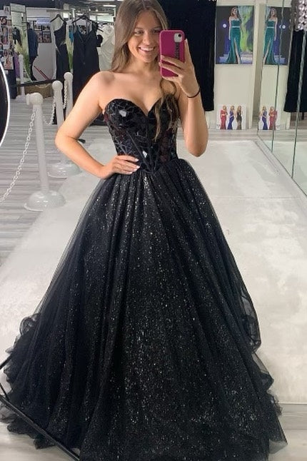 Princess Black Cut Glass Mirror Sweetheart A-Line Long Prom Gown