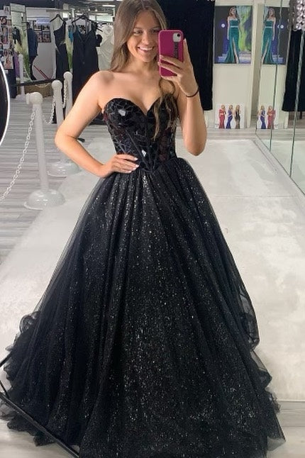 Princess Black Cut Glass Mirror Sweetheart A-Line Long Prom Gown Modsele Princess Black Cut Glass Mirror Sweetheart A-Line Long Prom Gown Modsele