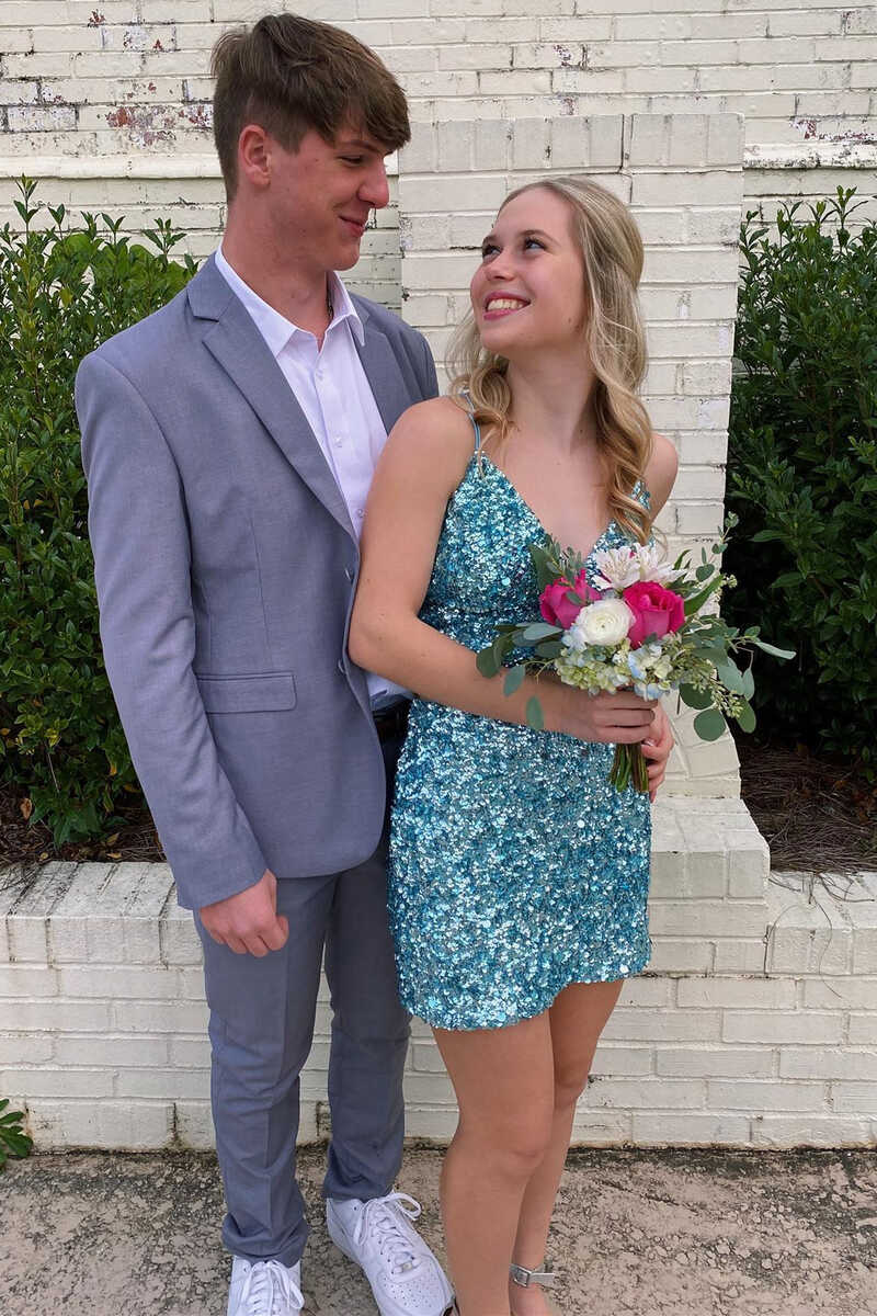 tiffany blue mini dress Sequin V-Neck Lace-Up Homecoming Width:M to for homecoming slow fashion brand Green Floral H And