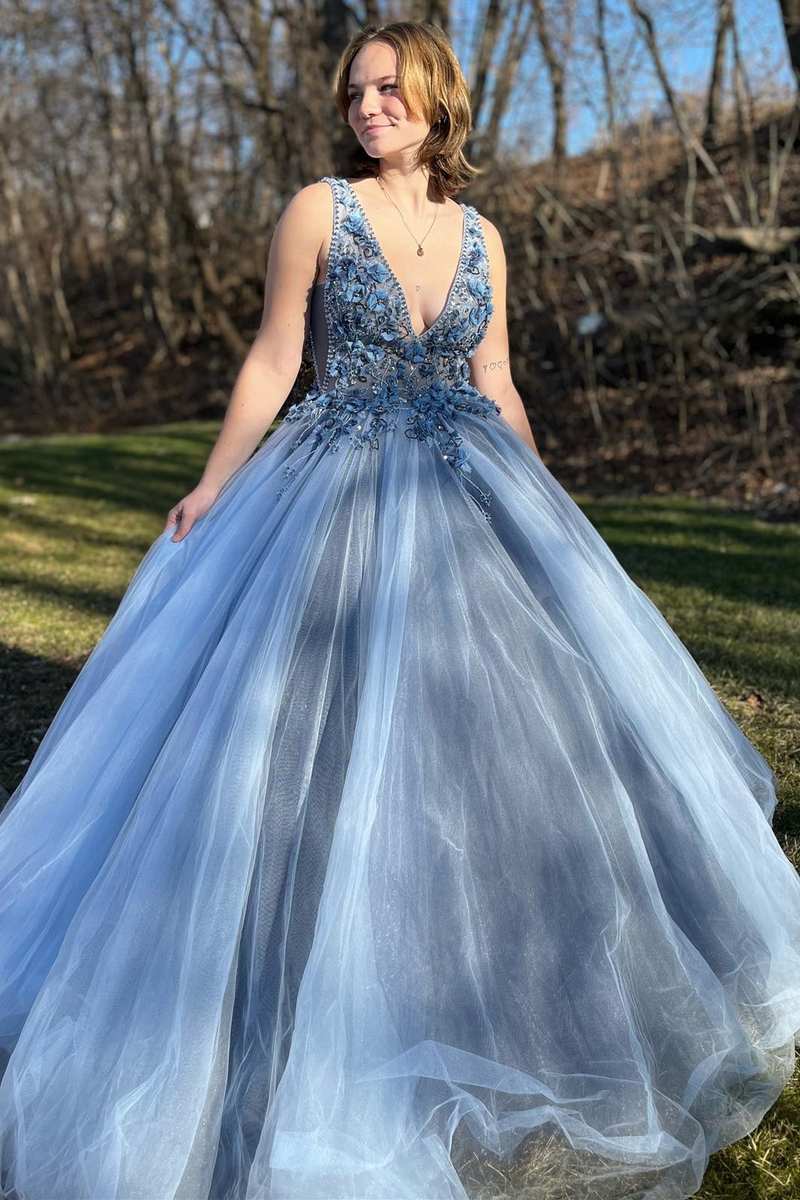 Navy Blue Tulle V-Neck Long Prom Dress with 3D Floral Lace Modsele Navy Blue Tulle V-Neck Long Prom Dress with 3D Floral Lace Modsele