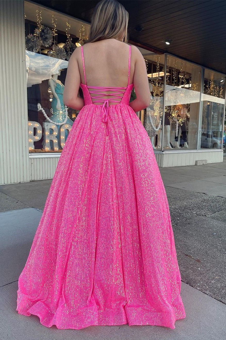 Pink Sequin Empire Long Prom Dress