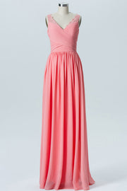 Pink Chiffon Lace Straps Bridesmaid Dress