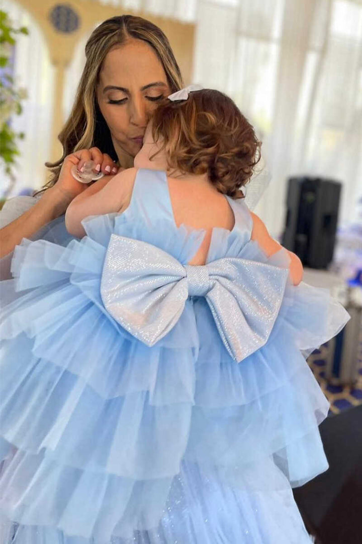 Multi-Tiered Blue Sleeveless Bow Back Flower Girl Dress