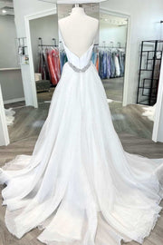 White Strapless Beaded A-Line Pageant Dress with Attached Train