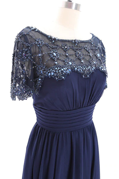 Navy Blue Chiffon Beaded Banded Waist Mother of the Bride Dress