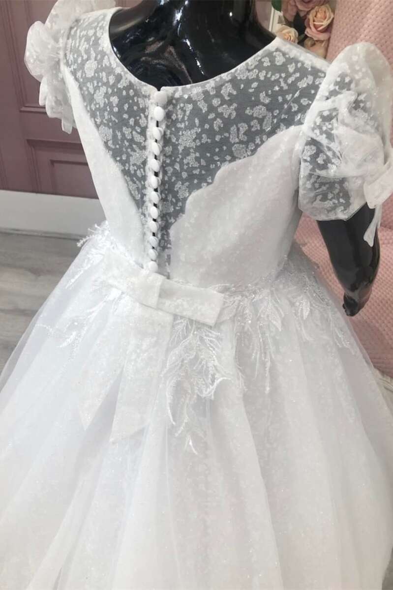 Cute White Puff Sleeve Appliqués Bow A-Line Flower Girl Dress