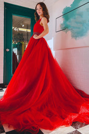 Red Organza Plunge V A-Line Long Formal Dress with Beaded Sash