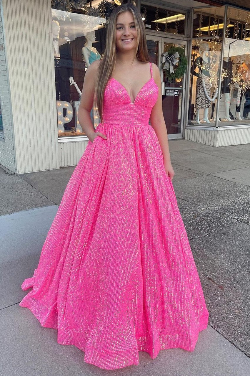 Pink Sequin Empire Long Prom Dress