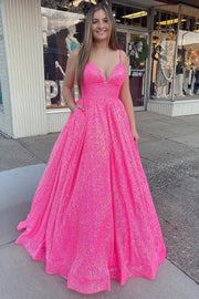 Pink Sequin Empire Long Prom Dress